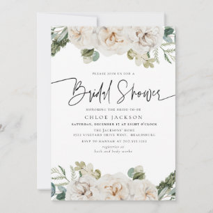 White Beige Floral Winter Greenery Bridal Shower  Invitation