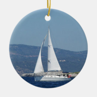 White Beneteau Sloop Ceramic Ornament