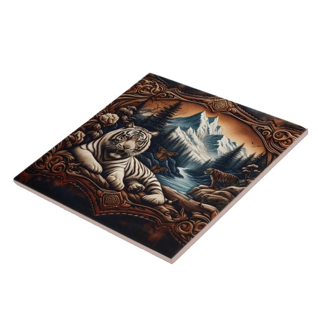 White Bengal Tiger Resting by Mountain Stream Ceramic Tile (Side)
