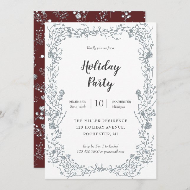 White Berries frame on velvet red holiday party Invitation (Front/Back)