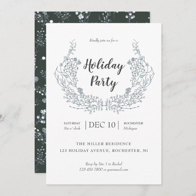 White Berries holiday laurel party Invitation (Front/Back)