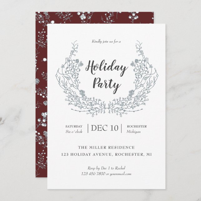 White Berries laurel on maroon holiday party Invitation (Front/Back)
