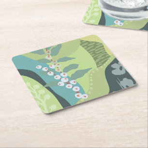 White Berries Mixed Greens Colour Blocks Modern Square Paper Coaster