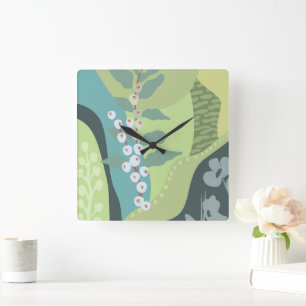 White Berries Mixed Greens Colour Blocks Modern  Square Wall Clock