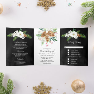White Berries Pine Cones Black Christmas Wedding Tri-Fold Invitation