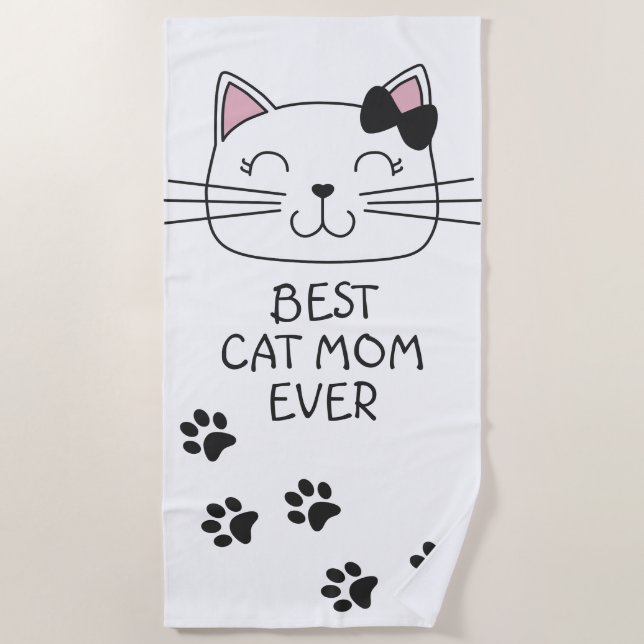 White best cat Mum ever with cute cartoon kitty Beach Towel (Front)