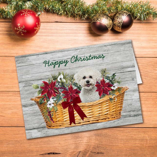White Bichon Frise Dog in Basket Christmas Card (Creator Uploaded)