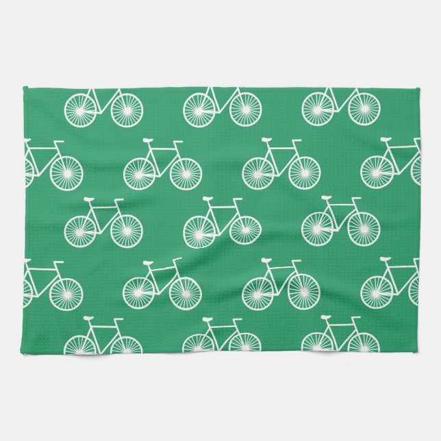 White Bicycle, Cycling Pattern; Kelly Green Tea Towel (Horizontal)