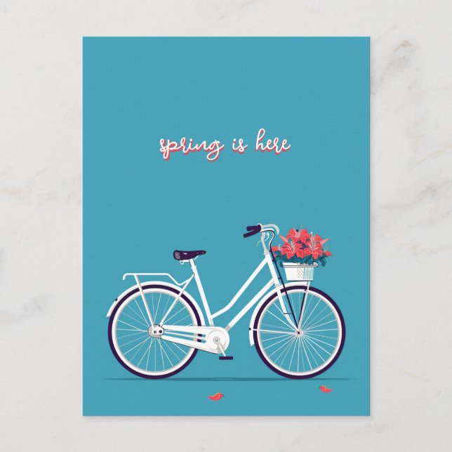 White Bicycle Pink Flowers Blue Background Postcard (Front)