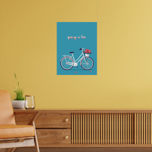 White Bicycle Pink Flowers Blue Background Poster