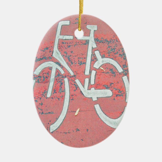 White Bicycle Red Street, Traffic Sign Bicycles Ceramic Ornament (Front)