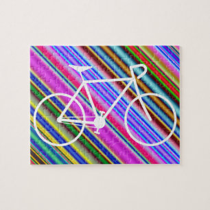 White Bicycle Silhouette Shape, Multicolored Lines Jigsaw Puzzle