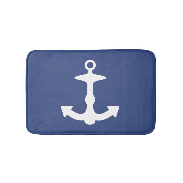 White Big Anchor Silhouette On Navy Blue Bath Mat (Front)