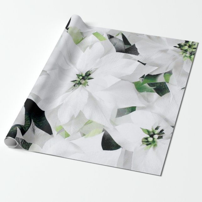 White Big Flowers Green Greenery Wedding Bridal Wrapping Paper (Unrolled)