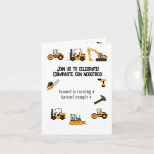 White Bilingual  Boy Birthday Party Construction Invitation