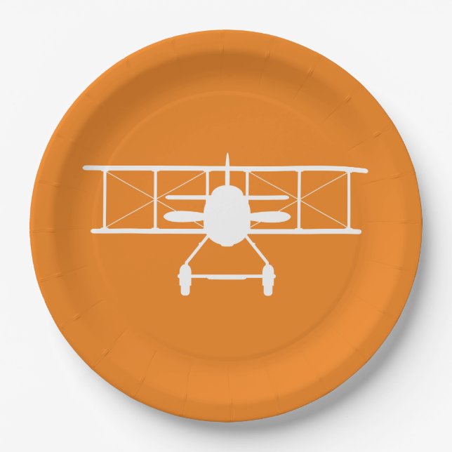White Biplane Profile on Orange Background Paper Plate (Front)