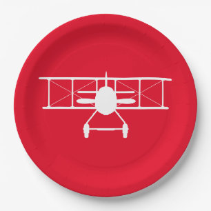 White Biplane Profile on Red Background Paper Plate