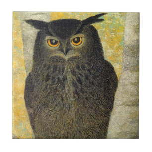 White Birch and Horned Owl Katsuda Yukio bird art Tile
