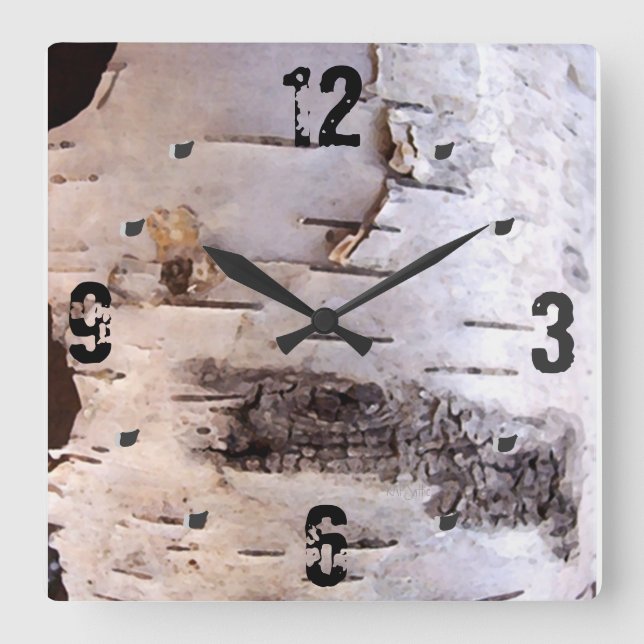 White Birch Bark Square Wall Clock (Front)