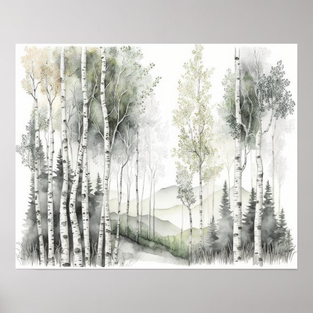 White Birch Forest Watercolor Poster (Front)
