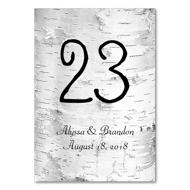 White Birch Rustic Wedding Table Number Cards (Front)