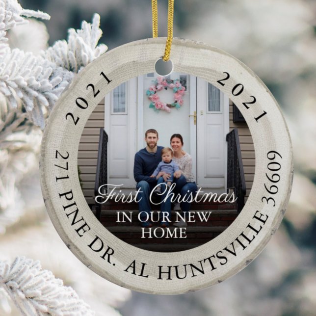 White Birch Slice First Christmas In Our New Home Ceramic Ornament (Creator Uploaded)