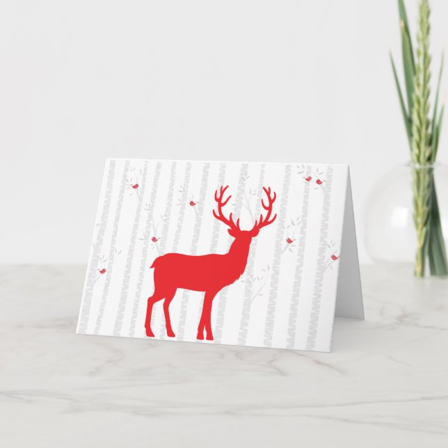 White Birch Tree Forest Greeting Card with Red Dee (Front)