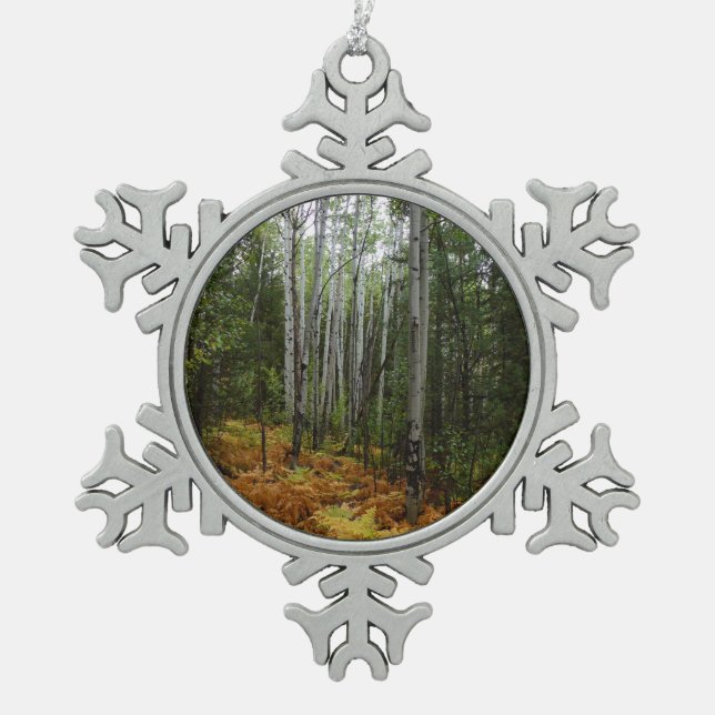 White Birch Trees and Fall Ferns at Rocky Mountain Snowflake Pewter Christmas Ornament (Front)