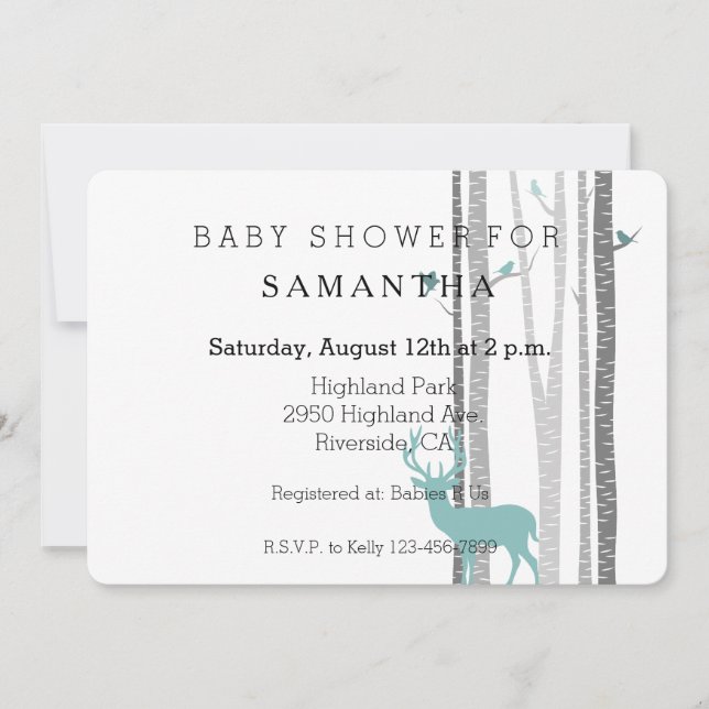 White Birch Trees with Deer and Birds baby shower Invitation (Front)