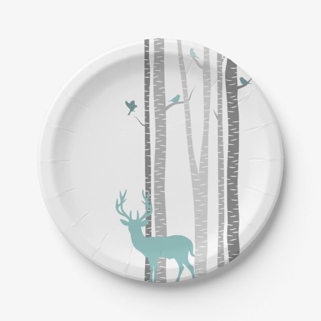White Birch Trees with Deer and Birds Paper Plate (Front)