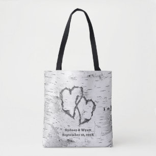 White Birch Two Hearts Personalised Wedding Tote Bag