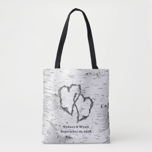 White Birch Two Hearts Personalised Wedding Tote Bag (Front)