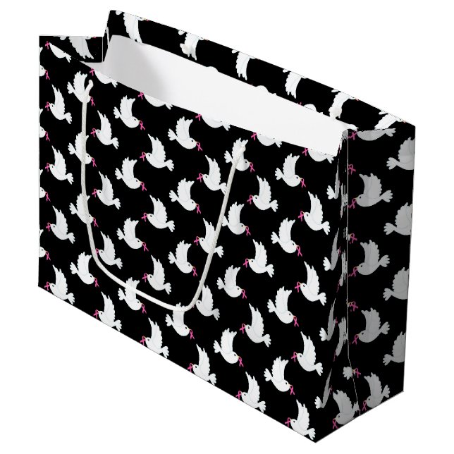 White Bird Breast Cancer Awareness Pattern Large Gift Bag (Front Angled)