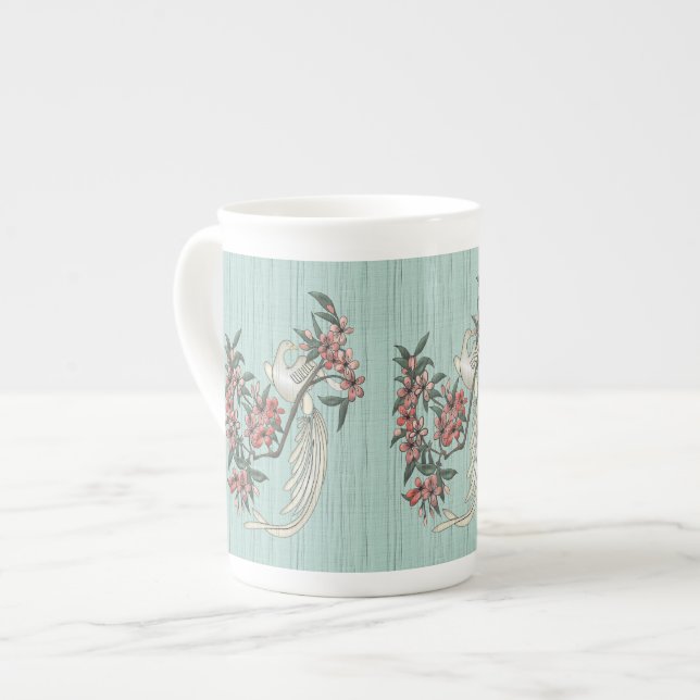 White Bird - Cherry Blossoms Aqua Bone China Mug (Front Left)