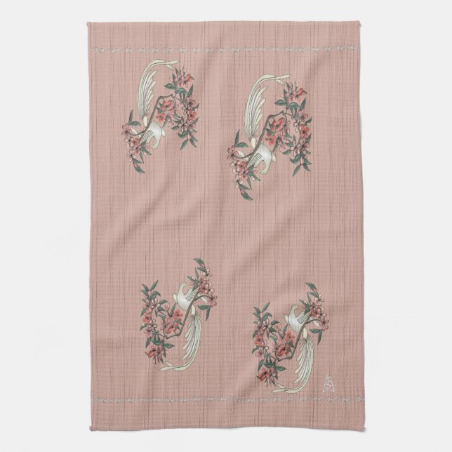 White Bird - Cherry Blossoms Peach Tea Towel (Vertical)