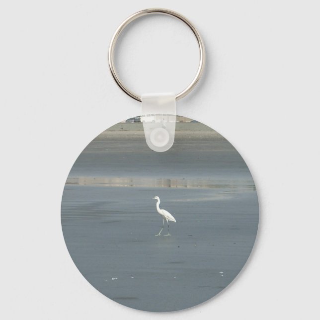 White Bird on Gray Sand Beach Art Print Key Ring (Front)