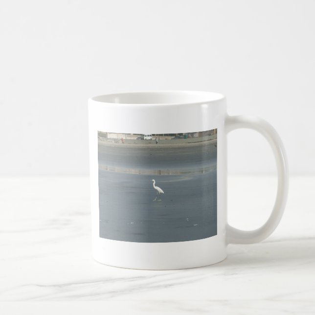 White Bird on Grey Sand Beach Art Print Coffee Mug (Right)