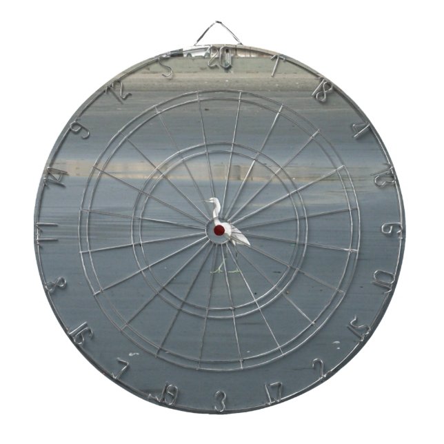 White Bird on Grey Sand Beach Art Print Dartboard (Front)