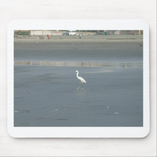 White Bird on Grey Sand Beach Art Print Mouse Pad