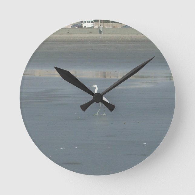 White Bird on Grey Sand Beach Art Print Round Clock (Front)