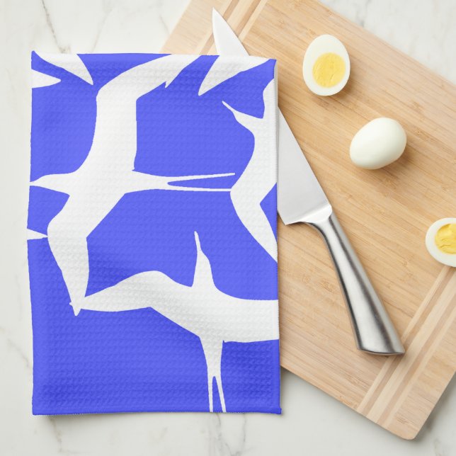White Birds Blue Background Sea Theme Tea Towel (Quarter Fold)