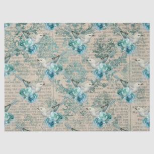 White Birds, Blue Flowers and Newsprint Decoupage Tissue Paper