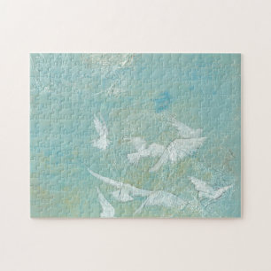 White Birds Flying Through Blue Sky Jigsaw Puzzle