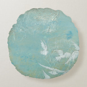 White Birds Flying Through Blue Sky Round Cushion