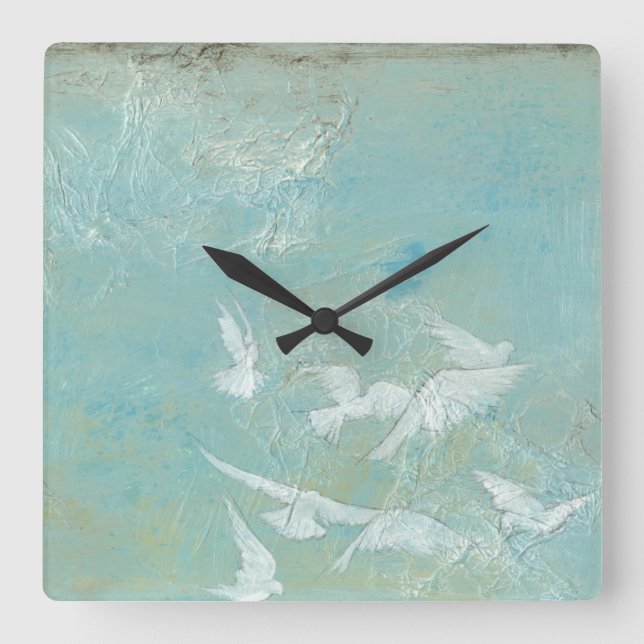 White Birds Flying Through Blue Sky Square Wall Clock (Front)