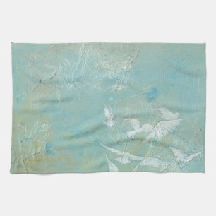 White Birds Flying Through Blue Sky Tea Towel