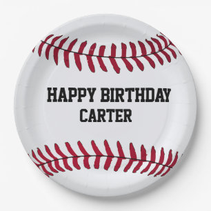 White Birthday Baseball with Name Paper Plate