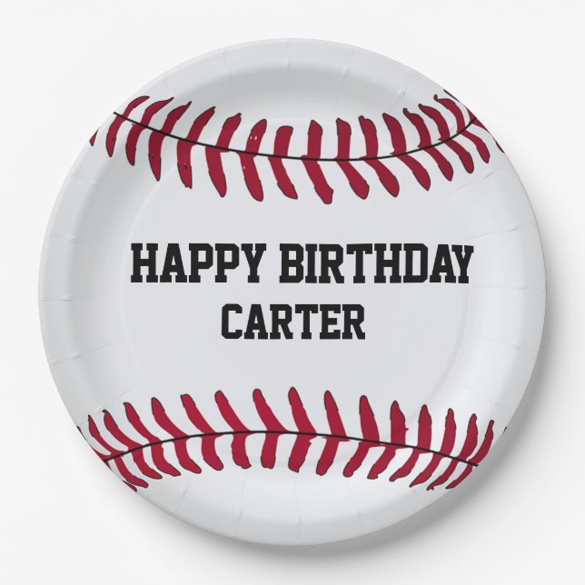 White Birthday Baseball with Name  Paper Plate (Front)