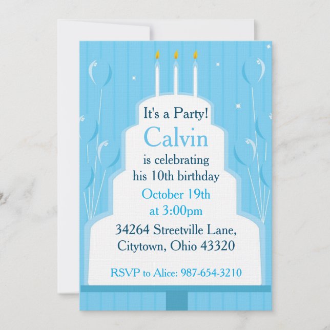 White birthday cake on blue invitation (Front)