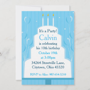 White birthday cake on blue invitation